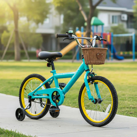 Colorful children's bicycle with training wheels, featuring a Kid Friendly Bike Seat Replacement With Post For Boys And Girls Cushioned Comfort Saddle For Childrens Bicycles Easy No Fuss Install Universal MTB Road Bike Fit 1.13 Inch Diameter Post Extends Seat Height To 12 Inches, in a park setting.