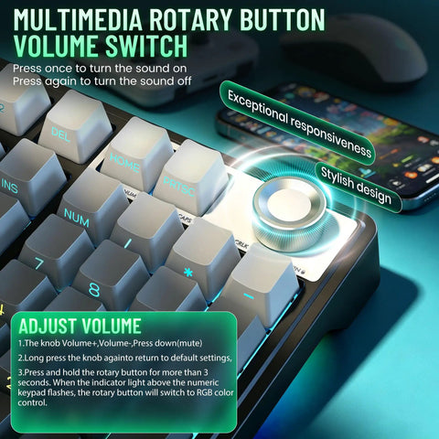 Multimedia rotary button volume switch on Wireless 98% Mechanical Keyboard With Triple Mode And Media Knob Full Numpad For Gamers And Typists.