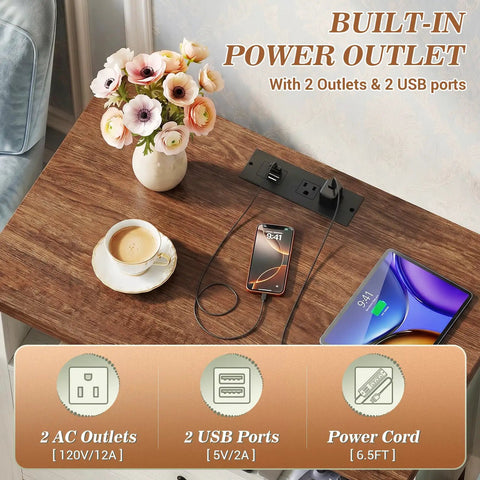 Set Of Two Modern Nightstands Featuring Double Drawers And Integrated Charging Station With Dual AC Outlets Plus USB Ports For Zero Wire Drama And Breezy Bedroom Refresh displaying charging options on surface.