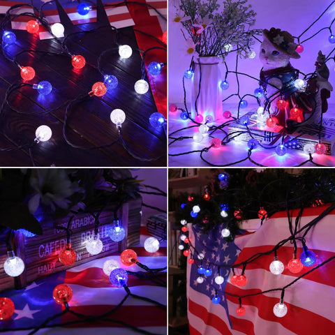 Red White Blue Solar String Lights 39Ft With 60 LEDs Waterproof Patio Lights For Independence Day Garden Yard Gazebo Party Featuring Eight Lighting Modes Solar Powered Auto On At Dusk Weatherproof Durable Outdoor Decor across American flag and decor.