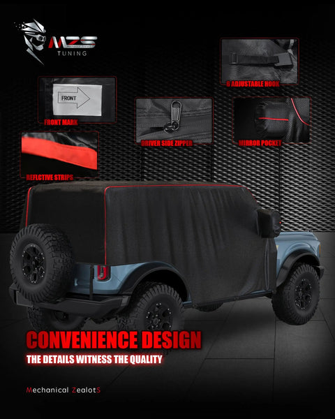 Bronco 4 Door Cab Cover 2021-2026, Heavy Duty 600D Waterproof Cab Protector With Driver Door Zipper shown on vehicle