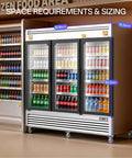 Sleek Stainless Steel Commercial Beverage Cooler With Tempered Glass Front And Bright Led Strip Badass Upright Drink Fridge Plug And Play 78 Cubic Feet For Shop Or Bar showing space requirements and dimensions.