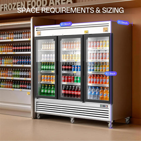 Sleek Stainless Steel Commercial Beverage Cooler With Tempered Glass Front And Bright Led Strip Badass Upright Drink Fridge Plug And Play 78 Cubic Feet For Shop Or Bar showing space requirements and dimensions.