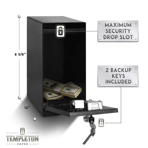 Dual Key Deposit Safe With One Way Drop Slot For Cash Keys And Paperwork Two Key Interlock, open view showing cash inside.