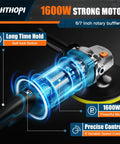 Diagram of Beast 1600W Rotary Buffer Polisher with transparent motor view, showcasing 6/7 inch heads and speed control features.