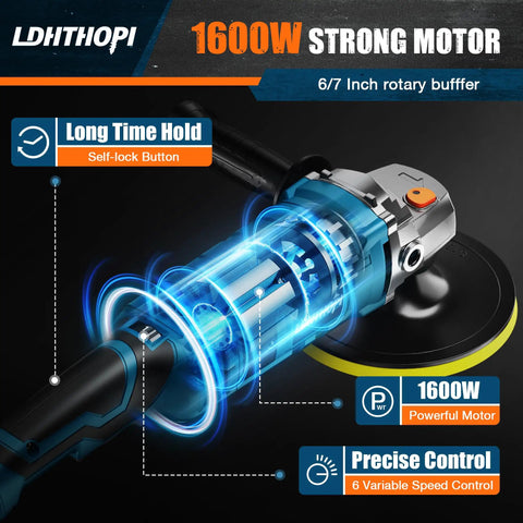 Diagram of Beast 1600W Rotary Buffer Polisher with transparent motor view, showcasing 6/7 inch heads and speed control features.