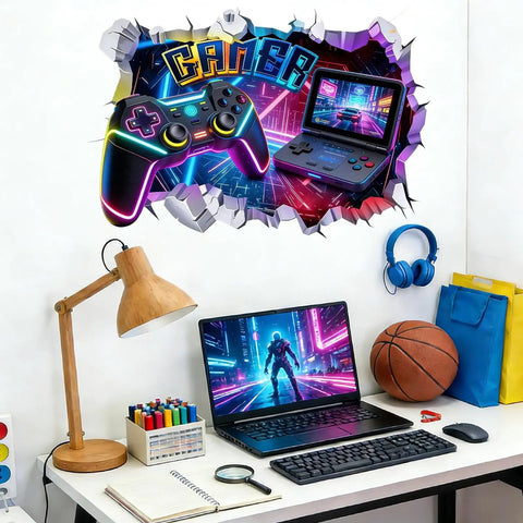 Large 3D Gamer Wall Decal Set With Controller Design Peel And Stick For Boys Room Teen Bedroom Playroom Wall Decor That Delivers Dope Gaming Vibe And Easy Room Makeover featuring a colorful controller and game console design above a desk.