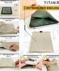 Faraday Fabric Kit With Pro Grade Conductive Tape for shielding enclosures, showing steps to block RF signals with Nickel Copper Polyester material.