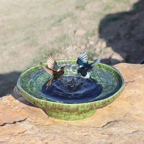Sun Powered Ceramic Bird Bath Fountain For Outdoors Garden And Yard Decor No Battery Needed Solar Water Feature Durable High Temperature Fired Ceramic Easy Setup For Birds And Backyard Vibes with birds enjoying water spray