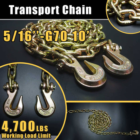 Heavy Duty Ratchet Chain Binder And Five Sixteenths To Three Eighths Inch Transport Chain Kit With Grappling Hook For Secure Tie Downs On Trucks And Flatbed Trailers 5400 Lbs Working Load