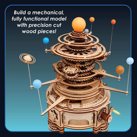 DIY Solar System Wood Puzzle Kit For Teens And Adults, 14 Inch Tall 3D Solar System Model with LED Sun and Orbits
