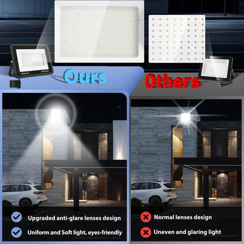 Comparison of 200W LED Flood Light Outdoor Heavy Duty 20000 Lumen Brightness 6500K Daylight IP66 Waterproof with standard light