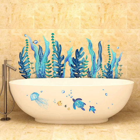 Five Sheets Ocean Sea Turtle Wall Decals Set For Bedroom Nursery And Bathroom Removable Vinyl Under The Sea Decor With Jellyfish, Fish, Seaweed And Grass Graphics, Easy Peel And Stick