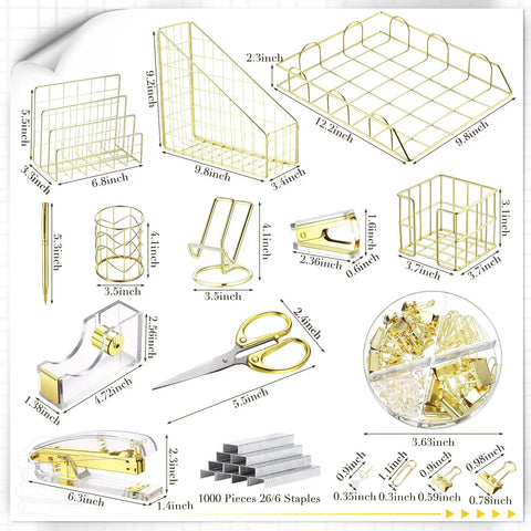 Diagram of 13 Piece Desk Accessory Set For Women Boss Lady Office Organizer Kit With Acrylic Stapler Tape Dispenser and more in gold.