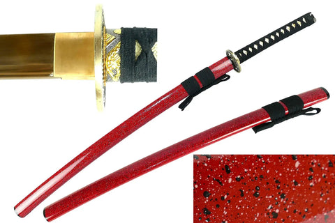 Hand Forged 1045 High Carbon Steel Samurai Katana With Gold Plated Blade Choose Flower Tsuba Or Golden Tsuba Yellow Orange High Gloss Saya