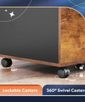 Close-up of lockable and 360° swivel casters on Three Drawer Mobile File Cabinet With Open Shelves in Rustic Brown Finish