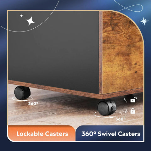 Close-up of lockable and 360° swivel casters on Three Drawer Mobile File Cabinet With Open Shelves in Rustic Brown Finish