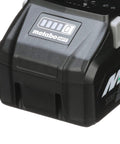 Close-up of Beefy MultiVolt 18V And 36V Lithium Battery Pack, showing Metabo HPT logo and charge level indicator.