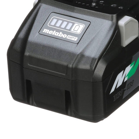 Close-up of Beefy MultiVolt 18V And 36V Lithium Battery Pack, showing Metabo HPT logo and charge level indicator.