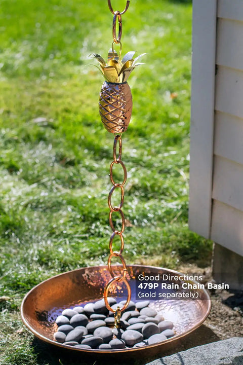 Copper Pineapple Rain Chain Eight And A Half Foot Long Handcrafted 20 Gauge Pure Copper With Brass Accents Patina Finish outdoors
