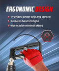 BRUNNWEST adjustable sheet metal hole cutter attached to a drill with a red-gloved hand.