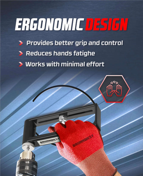 BRUNNWEST adjustable sheet metal hole cutter attached to a drill with a red-gloved hand.