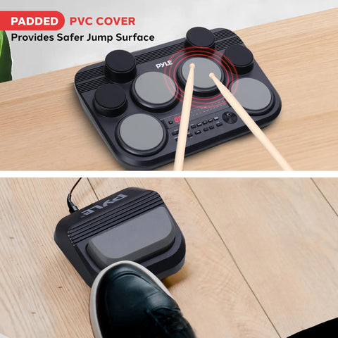 Compact Tabletop Electronic Drum Pad Kit With 8 Touch Sensitive Pads And Pedals, 600 Sounds displayed on a wooden surface