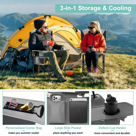 Two Pack Heavy Duty Folding Camping Chairs With 500 Pound Capacity, Padded Back And Arm Rests, Cup Holder And Built In Cooler Bag on grass
