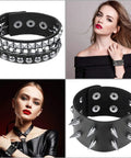 Six Piece Punk Leather Bracelet Set Featuring Hardcore Spikes Mixed Metal Studs Black Cuff Bands For Badass Street Style And Fresh Everyday Drip For Any Occasion, showcased on models with different styles.