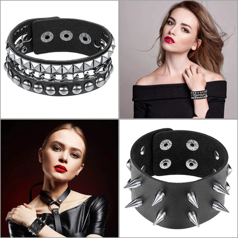 Six Piece Punk Leather Bracelet Set Featuring Hardcore Spikes Mixed Metal Studs Black Cuff Bands For Badass Street Style And Fresh Everyday Drip For Any Occasion, showcased on models with different styles.