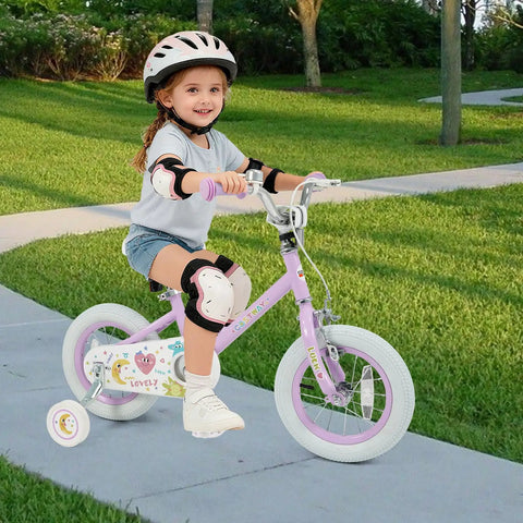 Child riding kids 12 inch bike for girls and boys ages 3 to 8 training wheels coaster brake height adjustable handlebar purple color