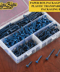 Outdoor Ready Pocket Hole Screws Kit, 400 Piece Assortment In Four Sizes with blue coated finish in transparent box.