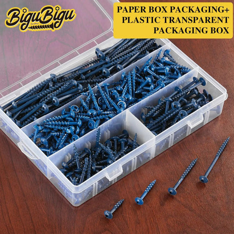 Outdoor Ready Pocket Hole Screws Kit, 400 Piece Assortment In Four Sizes with blue coated finish in transparent box.