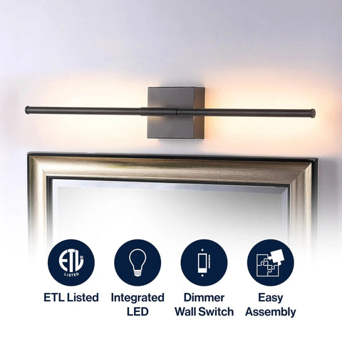Black 28-Inch Modern Dimmable Integrated LED Wall Sconce for Bathrooms and Hallways, mounted above a bathroom mirror, ETL listed