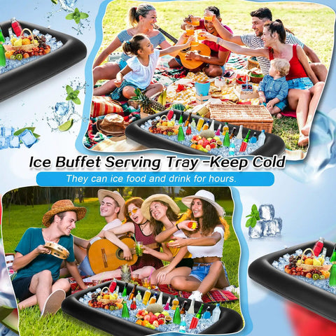 Inflatable Serving Bar With Drain Plug For Parties, 52 By 24 By 5 Inches, Party Ready Ice Buffet Table with people at a picnic.