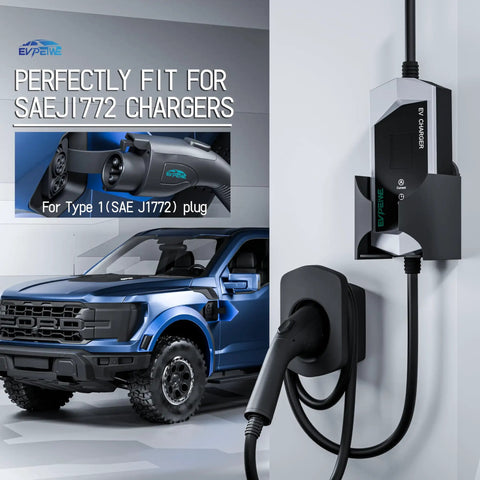 Tough As Nails Wall Mount EV Charger Holder And Cable Organizer Set With Adjustable Nozzle Holster Dock For SAE J1772, mounted with EV charger.