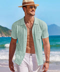 Men's Knit Short Sleeve Button Down Shirt Vintage Polo Beach Top In Ice Green Lightweight Breathable Knit Casual Summer Everyday Wear Soft Comfort Wrinkle Free And Easy Care