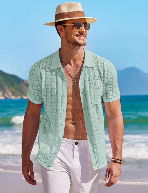 Men's Knit Short Sleeve Button Down Shirt Vintage Polo Beach Top In Ice Green Lightweight Breathable Knit Casual Summer Everyday Wear Soft Comfort Wrinkle Free And Easy Care