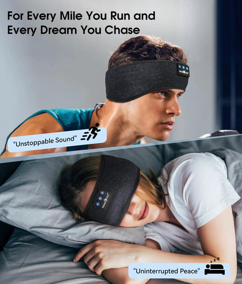 Man running and woman sleeping wearing All In One Bluetooth Sleep Headband With HD Stereo Speakers For Sleep And Comfort Wireless Earbuds