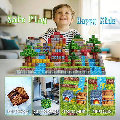 Child playing with Magnetic Blocks Kit For Kids 100 Piece STEM Montessori Building Tiles Set with colorful stacked tiles