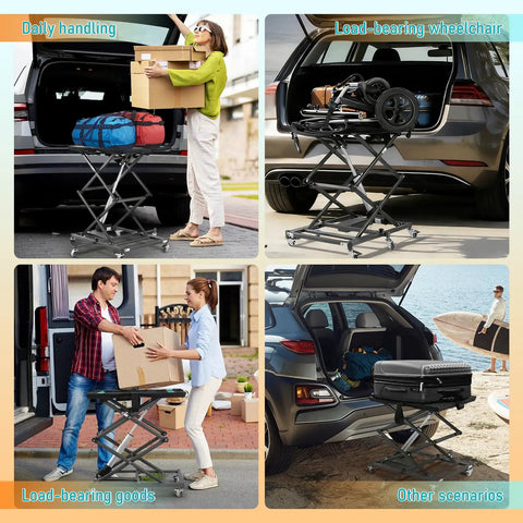 Lightweight Foldable Electric Scissor Lift With Whisper Quiet Motor And Zero Shake Platform helping load goods into a car.