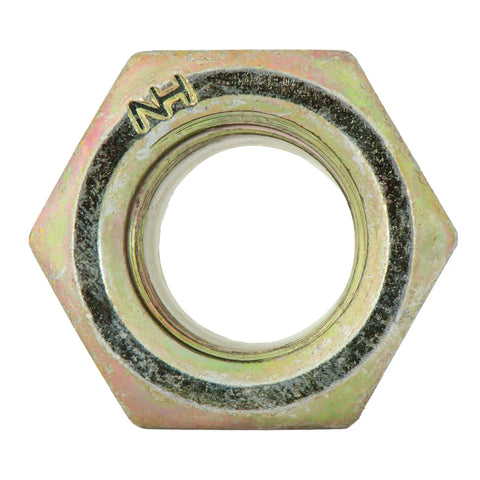 5/8-11 Nylon Insert Lock Nut, Grade 8, Yellow Zinc, top view. Part of 10 Pack for heavy duty gear and quick secure fastening.