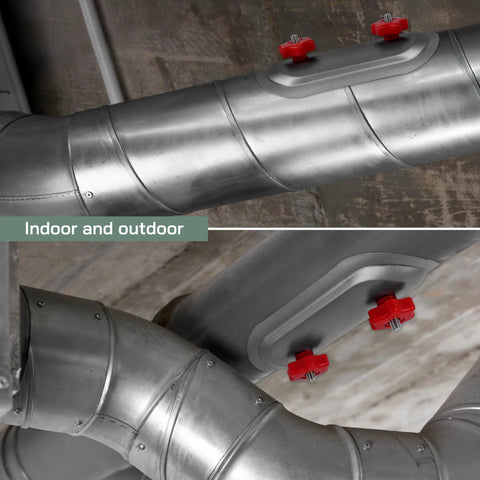 Installed 4-inch round duct access door on galvanized steel HVAC duct with red knob latches and EPDM gasket