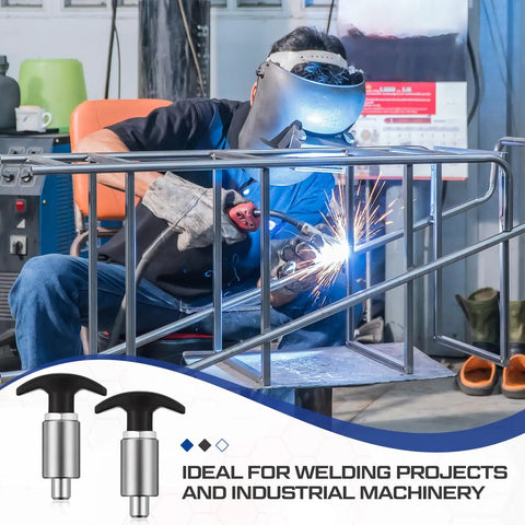 Two Pack Spring Loaded T Handle Pull Knobs With Badass Grip Built Tough As Nails For Welding Tables And Garage Shelves Locking Steel Shank Shock Proof Plastic Design Half Shank 3 15 Inches Long with welder using them.