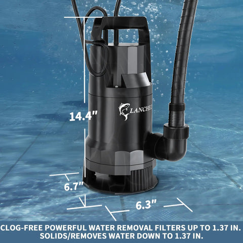 Beast 1.6 HP Submersible Sump Pump With Float Switch, 6000 GPH, shown in black submerged underwater.