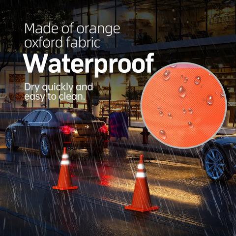 Two Pack 28 Inch Collapsible Traffic Safety Cones With Reflective Collar in rain, durable orange fabric, roadside parking.