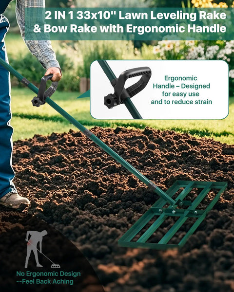 Using Lawn Leveling Rake 33x10 Inch With 78 Inch Adjustable Back Saving Handle Pro Grade Heavy Duty Stainless Steel Leveler Tool