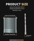 M5 X 0.8 Thread Repair Kit With Stainless Steel Inserts Drill Tap Counterbore And Install Driver 10 Pcs Metric M5X0.8X7.6MM Inserts Restores Damaged Threads In Metal And Plastic Pro Grade Kit showing internal and external thread sizes, and drill size indicator.