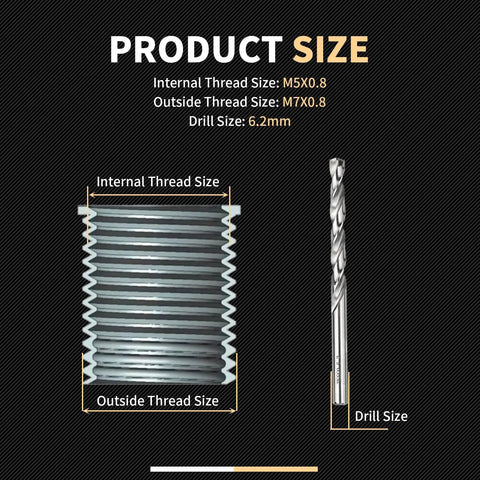 M5 X 0.8 Thread Repair Kit With Stainless Steel Inserts Drill Tap Counterbore And Install Driver 10 Pcs Metric M5X0.8X7.6MM Inserts Restores Damaged Threads In Metal And Plastic Pro Grade Kit showing internal and external thread sizes, and drill size indicator.