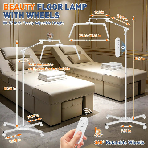 Beauty floor lamp with wheels, adjustable height, and rotatable base next to spa beds in a luxury room setting.
